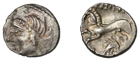EASTERN GAUL, Aedui, Orgetirix, Quinarius, 52-20 BC, diademed head of female deity left, rev...