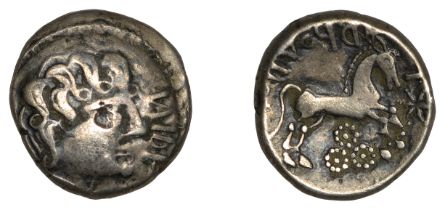 NORTHEAST GAUL, Suessiones, silver Quinarius, early 1st century BC, nide [retrograde], male...