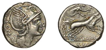 Roman Republican Coinage, L. Flaminius Cilo, Denarius, c. 109, head of Roma right wearing wi...