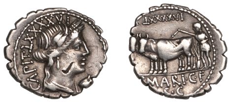 Roman Republican Coinage, C. Marius C.f. Capito, serrate Denarius, c. 81, wreathed and drape...