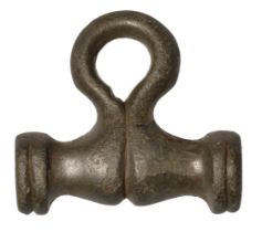 Late Celtic, bronze toggle, 1st-2nd century, 28mm x 25mm, bulbous shaped bar head with disco...