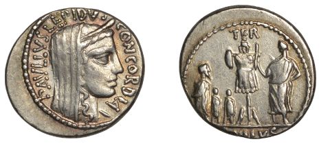 Roman Republican Coinage, L. Aemilius Lepidus Paullus, Denarius, c. 62, veiled and diademed...