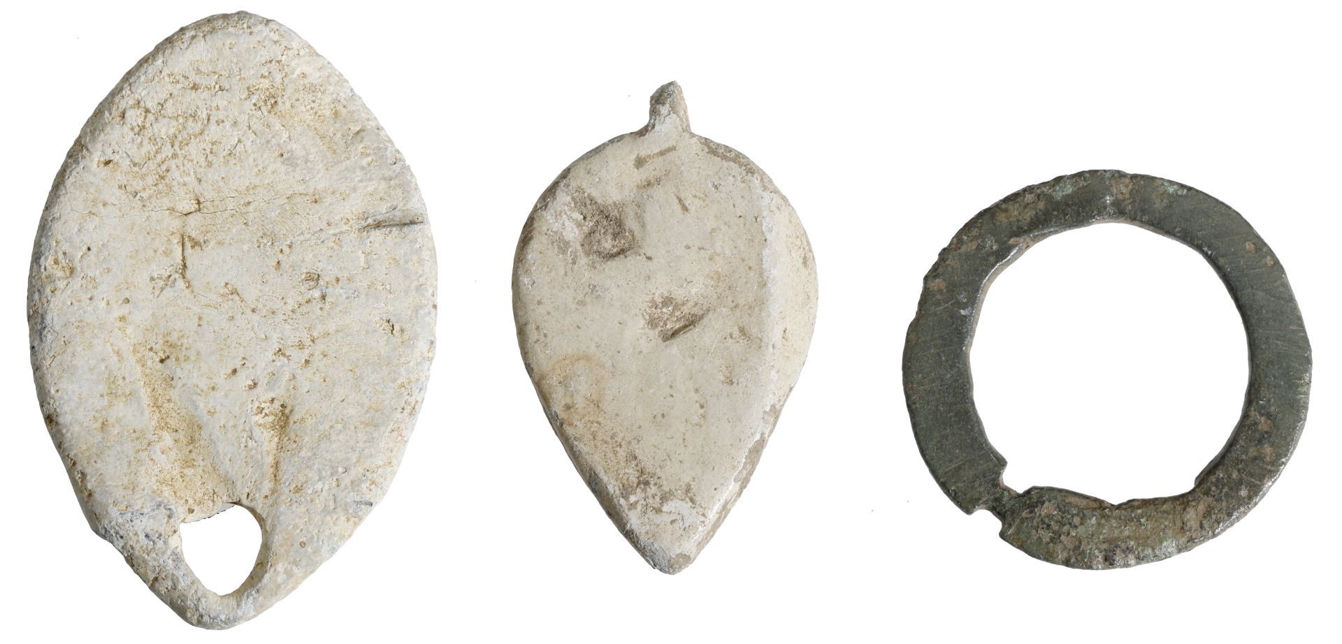 13th century, lead seal matrices (2), pointed oval, pierced at top, fleur de lis, reads s' r... - Image 2 of 2