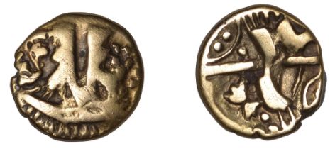 BELGAE, Uninscribed series, Quarter-Stater, British O [Hampshire Thunderbolt type], stylised...