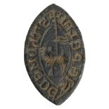 13th century, bronze seal matrix, pointed oval, 38mm x 22mm, Agnus Dei (lamb of god) standin...