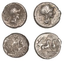 Roman Republican Coinage, M. Cipius M.f., Denarius, c. 115-114, helmeted head of Roma right,...