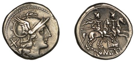 Roman Republican Coinage, Anonymous, Denarius, 206-195, head of Roma right wearing winged he...