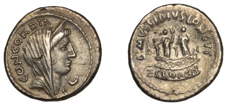 Roman Republican Coinage, L. Mussidius Longus, Denarius, 42, diademed and veiled head of Con...