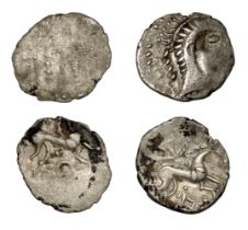 ICENI, Uninscribed series, silver Unit, Face/Horse type, stylised head right, wreath behind,...