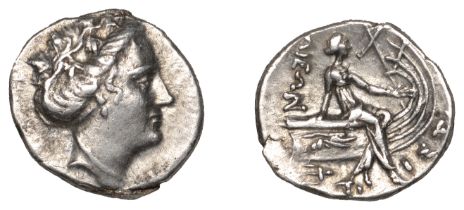 Greek Coinages, EUBOIA, HistiÃ¦a, Tetrobol, head of nymph right, rev. nymph seated left on sh...