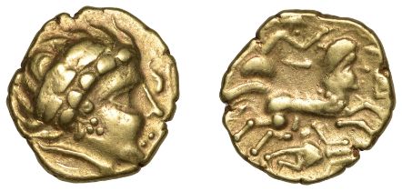 ARMORICA, Aulerci Cenomani, gold Stater, Class III, c. 120-100 BC, laureate head right weari...