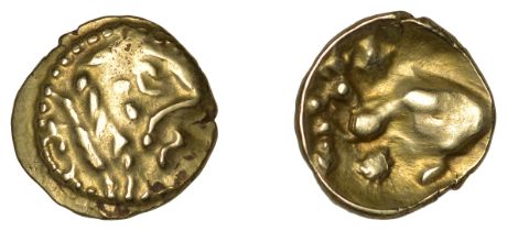 NORTHEAST GAUL, Bellovaci, gold Quarter-Stater, c. 60-25 BC, devolved head right with large...
