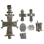 Byzantine, bronze enkolpion reliquary cross, 11th-13th century, 11cm x 35.5cm, cast in two h...