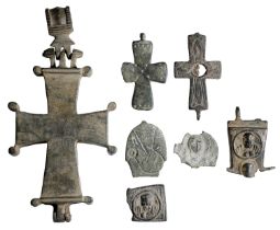 Byzantine, bronze enkolpion reliquary cross, 11th-13th century, 11cm x 35.5cm, cast in two h...