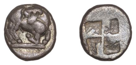 Greek Coinages, THRACO-MACEDONIAN TRIBES, Mygdones?, Diobol, 490-70, goat kneeling right, he...