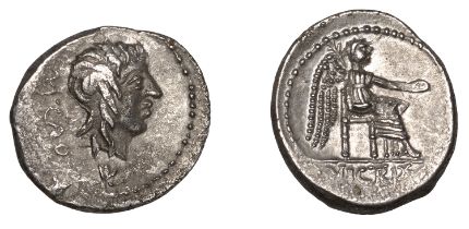 Roman Republican Coinage, M. Porcius Cato, c. 89, wreathed head of Liber right, m cato behin...