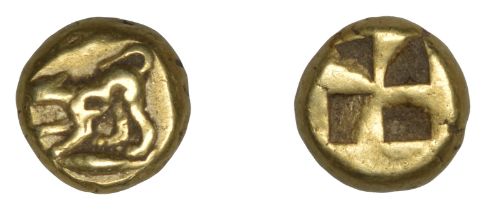 Greek Coinages, MYSIA, Kyzikos, El Hemihekte, c. 460-400, dog standing left on tunny, rev. q...