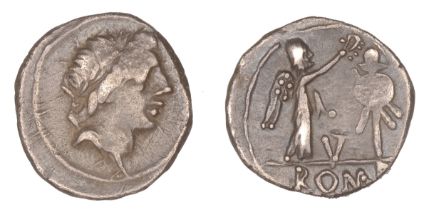 Roman Republican Coinage, Anonymous, Quinarius, 81, head of Apollo right, rev. Victory crown...