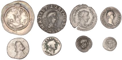 Greek Coinages, LYCIAN LEAGUE, Trajan, Drachm, laureate head right, rev. two lyres, owl stan...