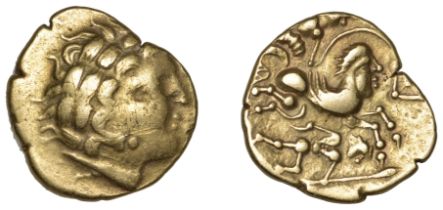 ARMORICA, Aulerci Cenomani, gold Stater, Class IV, c. 100-80 BC, laureate head right wearing...