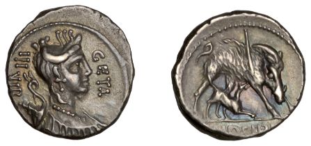 Roman Republican Coinage, C. Hosidius C.f. Geta, Denarius, c. 68, diademed and draped bust o...