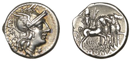 Roman Republican Coinage, Q. CÃ¦cilius Metellus, Denarius, Rome, 130, helmeted head of Roma r...