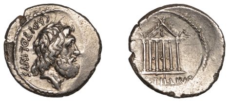 Roman Republican Coinage, Petillius Capitolinus, Denarius, 43, bearded head of Jupiter right...