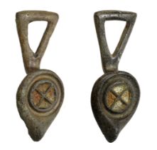 Celtic, bronze toggles or dress fasteners (2), 1st century AD, each 40mm x 16mm, comprising...