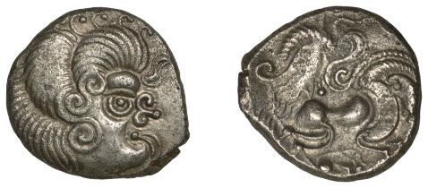 ARMORICA, Coriosolites, billon Stater, class III, c. 56 BC, head of sun-god right with phall...