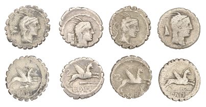 Roman Republican Coinage, L. Papius, serrate Denarii (4), c. 79, head of Juno Sospita right...