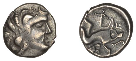 SOUTHERN GAUL, Petrocorii, silver Quinarius, c. 100-50 BC, female head right with crescent o...
