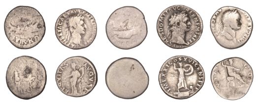 Roman Imperial Coinage, Vespasian, Denarius, rev. emperor seated to right on curule chair, h...