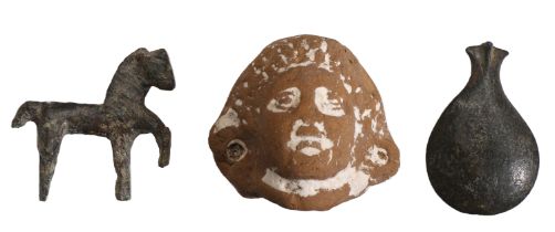 Roman, artefacts (3), Romano-Egyptian terracotta female head, remains of a white gesso; bron...