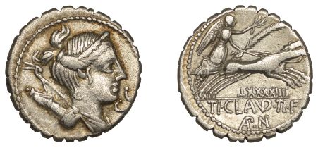 Roman Republican Coinage, Tiberius Claudius Nero, serrate Denarius, c. 79, draped head of Di...