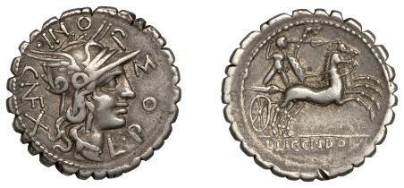 Roman Republican Coinage, L. Pomponius Cnaei Filius, serrate Denarius, Narbo, c. 118, head o...