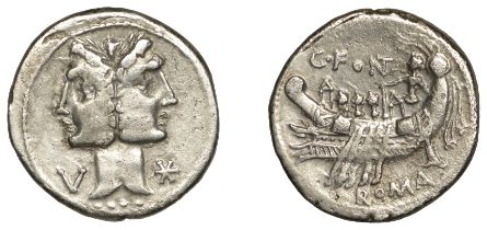 Roman Republican Coinage, C. Fonteius, Denarius, c. 114-113, laureate Janiform head of Fons...