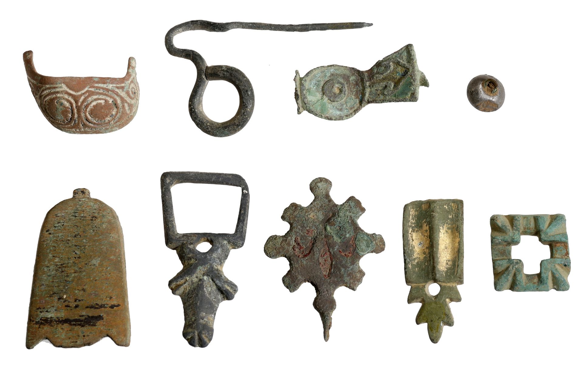 Roman to Medieval, assorted artefacts (9), including ring-headed dress pin; dagger chape; he...