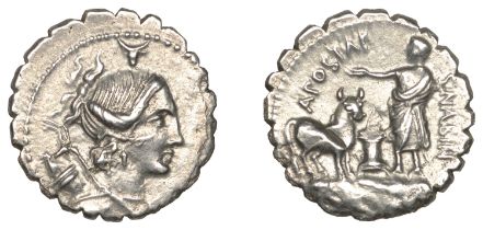 Roman Republican Coinage, A. Postumius Albinus, serrate Denarius, c. 81, draped bust of Dian...