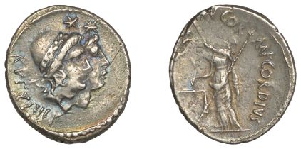 Roman Republican Coinage, Cordius Rufus, Denarius, c. 46, jugate heads of the Dioscuri right...
