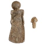16th century, lead toy figure, 72mm x 26mm, crude standing female figure with a domed face,...