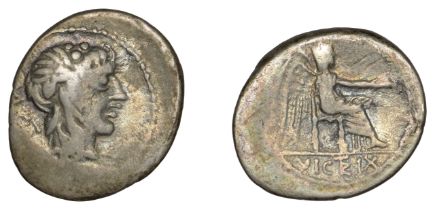 Roman Republican Coinage, M. Porcius Cato, Quinarius, c. 89, wreathed head of Liber right, m...