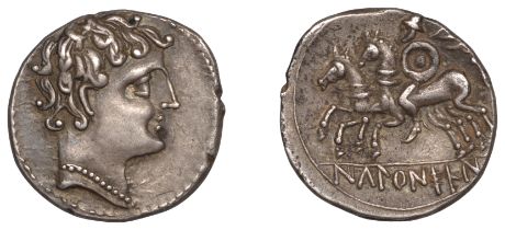 Greek Coinages, IBERIA, Ikalkusken, Denarius, c. 200-150, male head right, rev. cavalryman l...