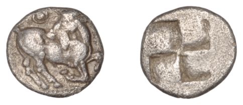 Greek Coinages, THRACO-MACEDONIAN TRIBES, Mygdones?, Diobol, 490-70, goat kneeling right, he...