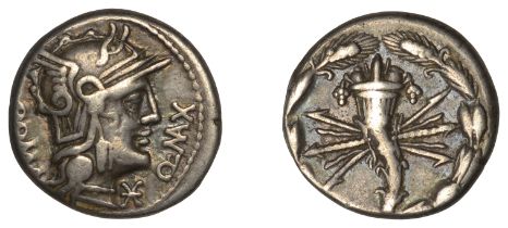 Roman Republican Coinage, Q. Fabius Maximus, Denarius, c. 127, head of Roma right, wearing w...