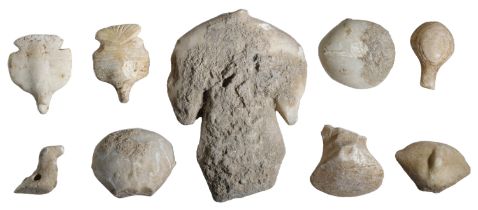 Anatolian, marble Kilia idol heads (5), c. 2500 BC, all with broad, backward tilting head wi...