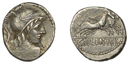 Roman Republican Coinage, Cn. Lentulus Clodianus, Denarius, c. 88, helmeted bust of Mars rig...