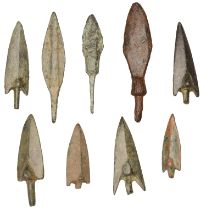 Late Bronze Age / Iron Age, bronze arrowheads (8), 10th-6th century BC, barbed and tanged wi...
