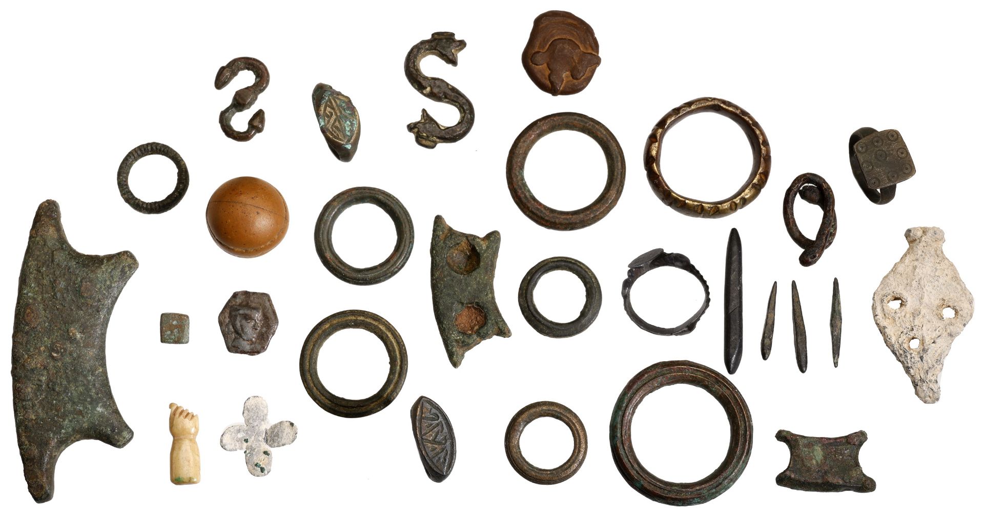 Assorted artefacts (29), including Middle Eastern bronze finger rings (5); bronze ring money...
