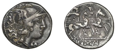 Roman Republican Coinage, Anonymous, Denarius, 209-08, head of Roma right wearing winged hel...