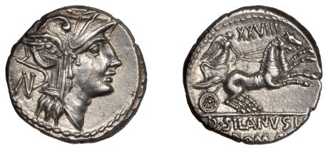 Roman Republican Coinage, D. Silanus L.F., Denarius, c. 91, helmeted head of Roma right, n b...